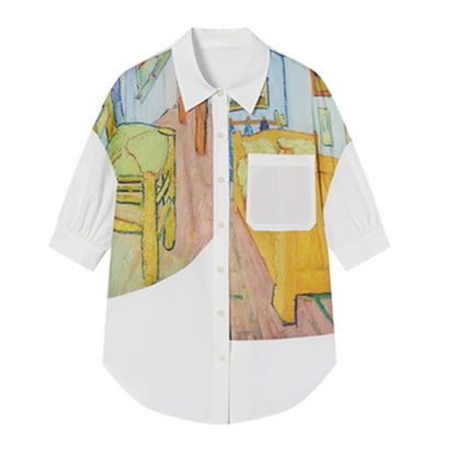 Colorblock Painting Print Pocket Lapel Shirt modakawa