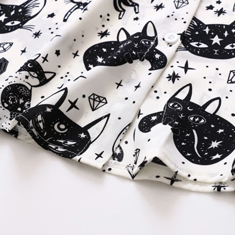 Black White Kitty Print Lapel Chiffon Shirt modakawa