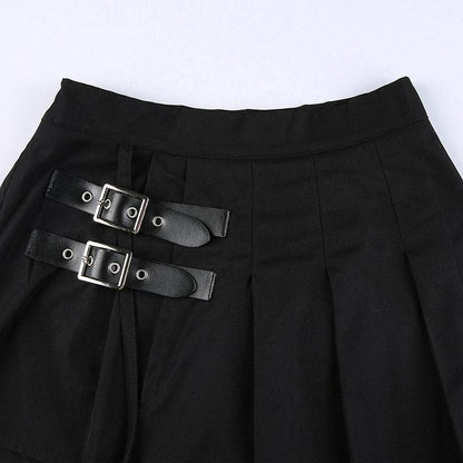 Y2K Buckle Leg Ring Mini Pleated Skirt Modakawa