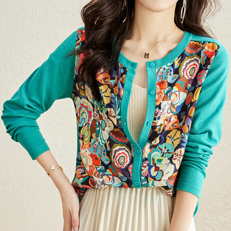 Green Crew Neck Knitted Flowers Cardigan modakawa