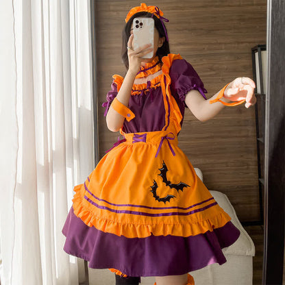 Cute Bat Embroidery Lace Up Ruffled Maid Dress Modakawa