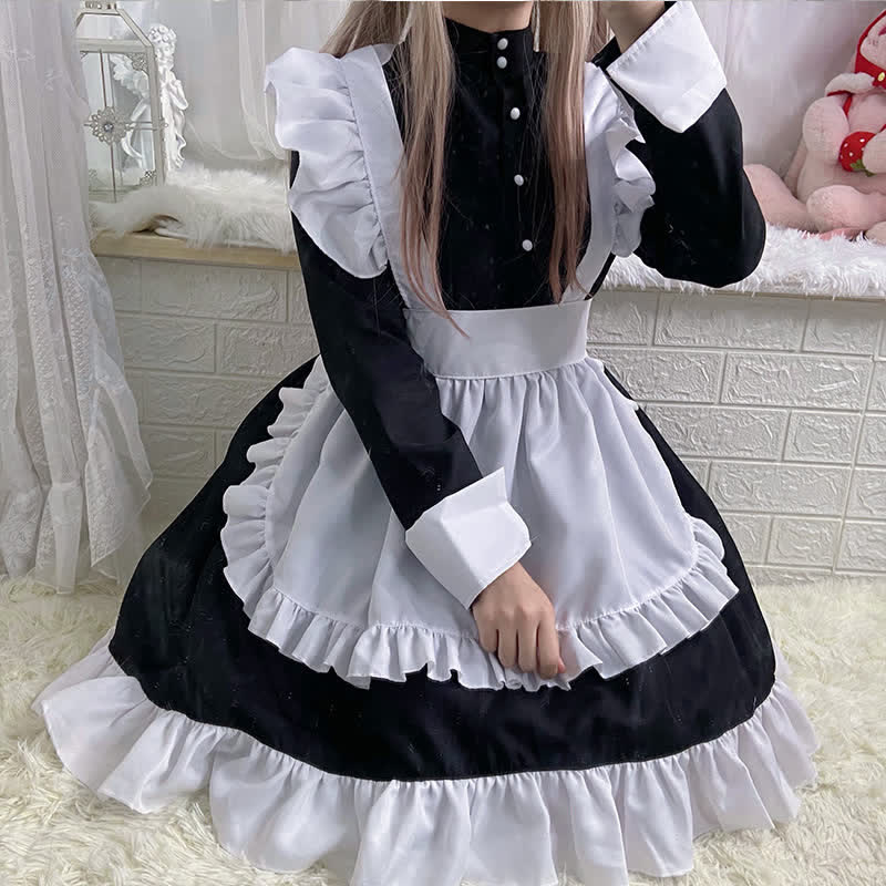 Black Button Long Sleeve Ruffled Lolita Maid Dress Modakawa