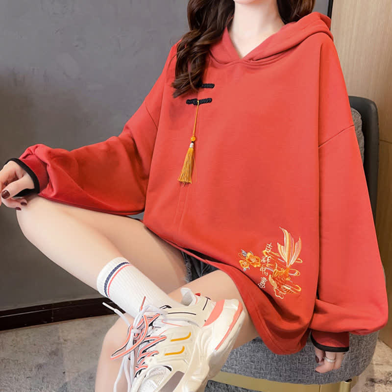 Floral Carp Embroidery Buckle Tassel Loose Hoodie modakawa