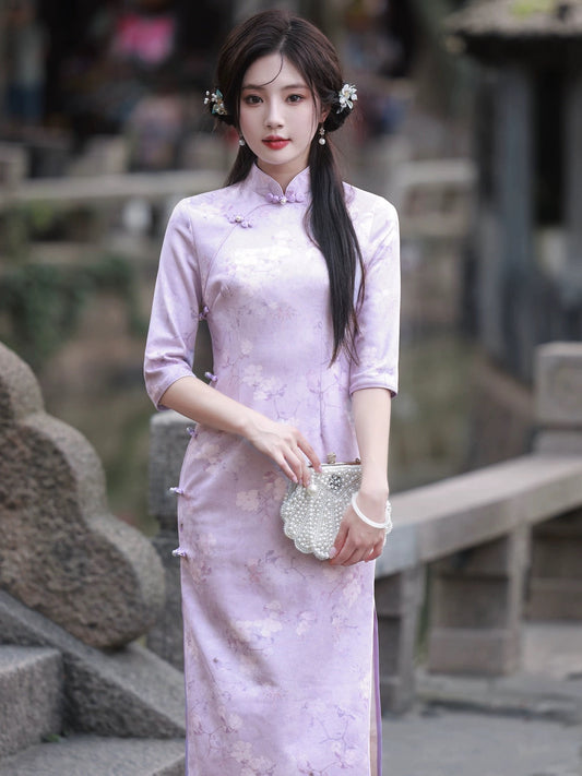 Classic Purple Floral Cheongsam Hanfu Story