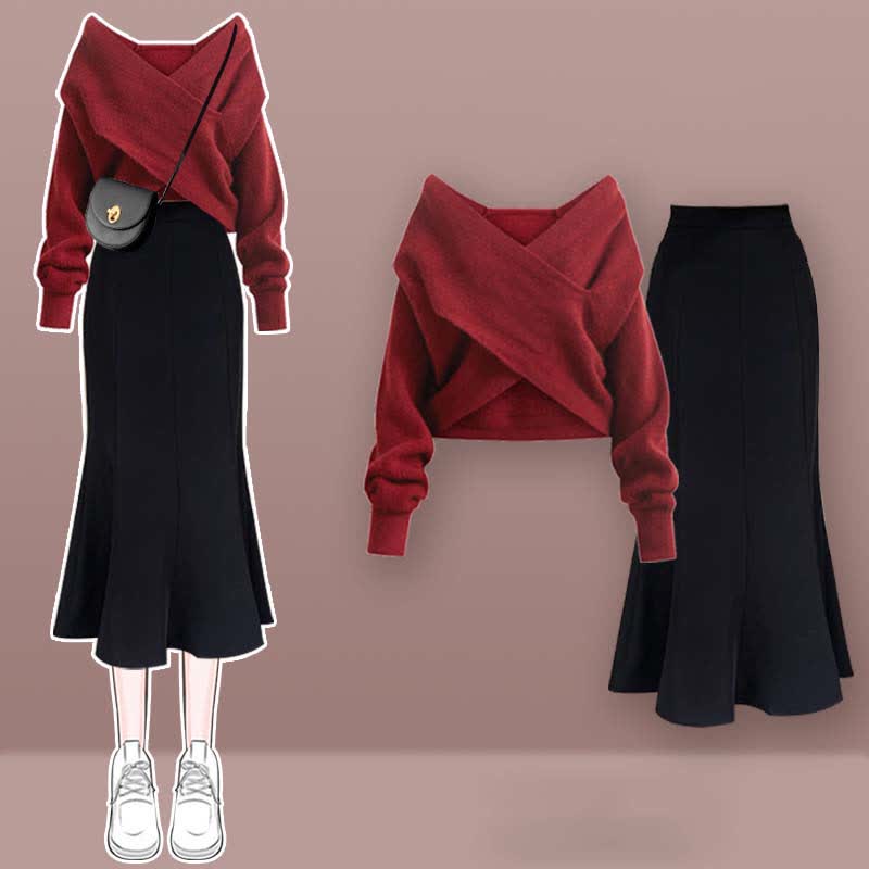 Chic V-neck Cross Knit Sweater Fishtail Skirt modakawa