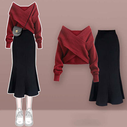 Chic V-neck Cross Knit Sweater Fishtail Skirt modakawa