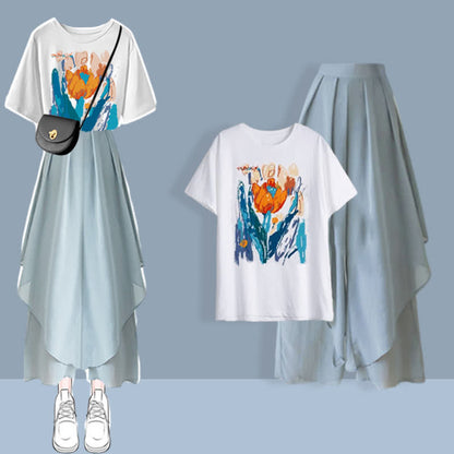 Summer Printed T-Shirt Blue Wide Leg Chiffon Pants Set modakawa