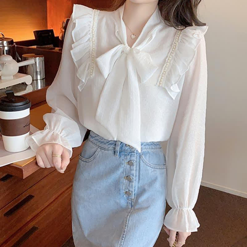 Elegant Bowknot Flouncing Chiffon Shirt modakawa