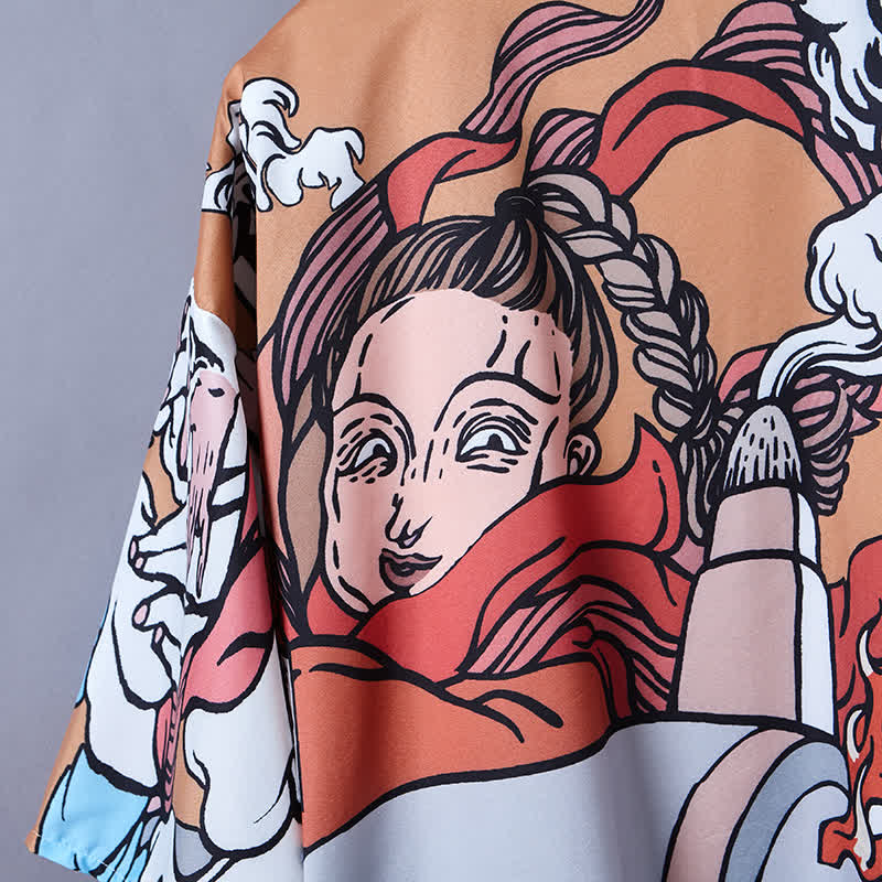 Cartoon Fire Print Casual Vintage Kimono Outerwear Modakawa