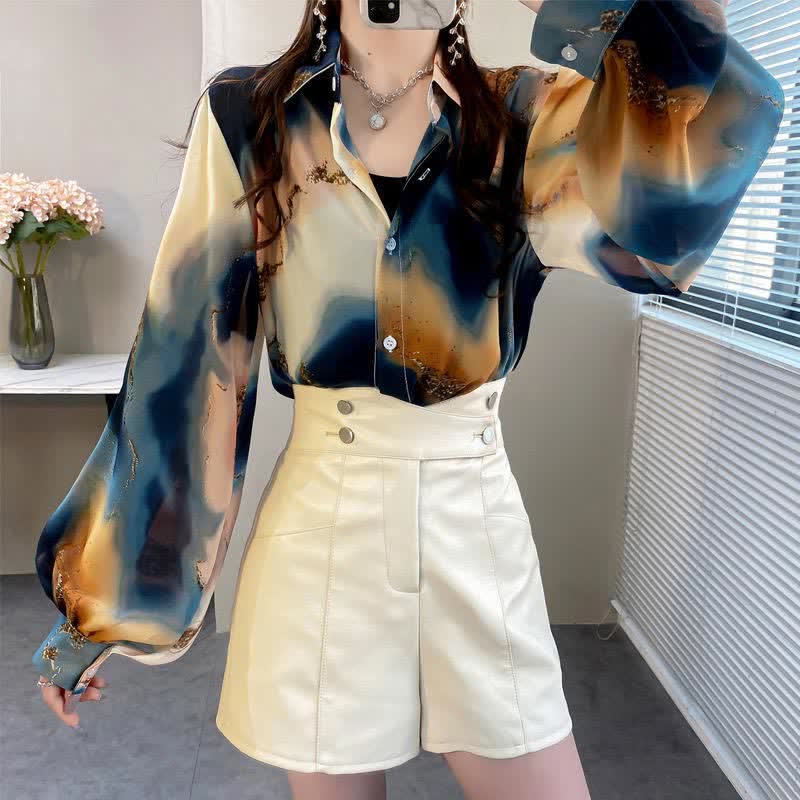 Fashion Colorblock Tie-dye Print Puff Sleeve Shirt modakawa