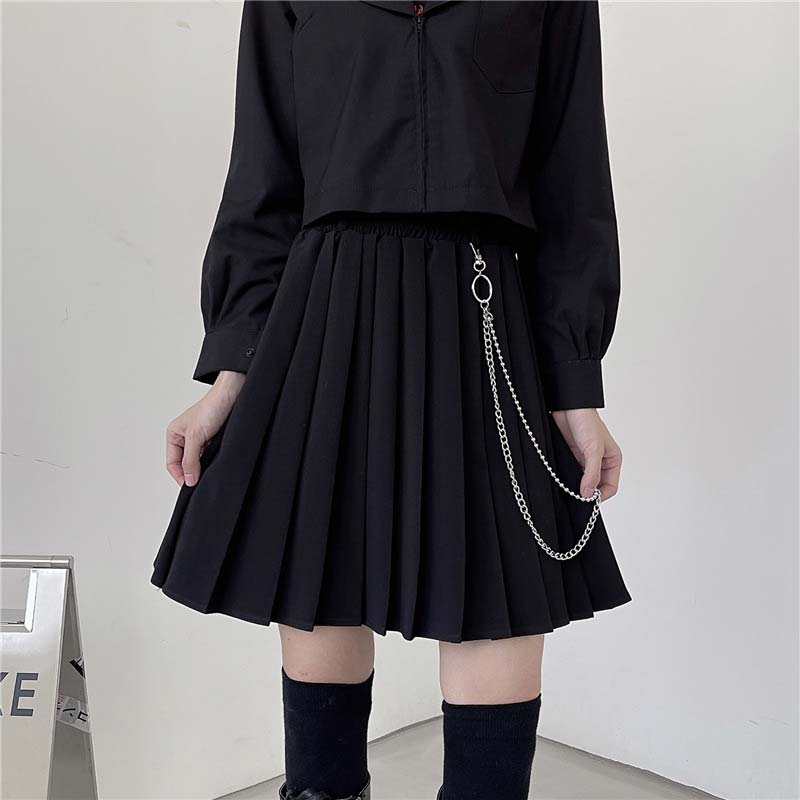 Gothic Chain Pure Color Pleated Skirt modakawa