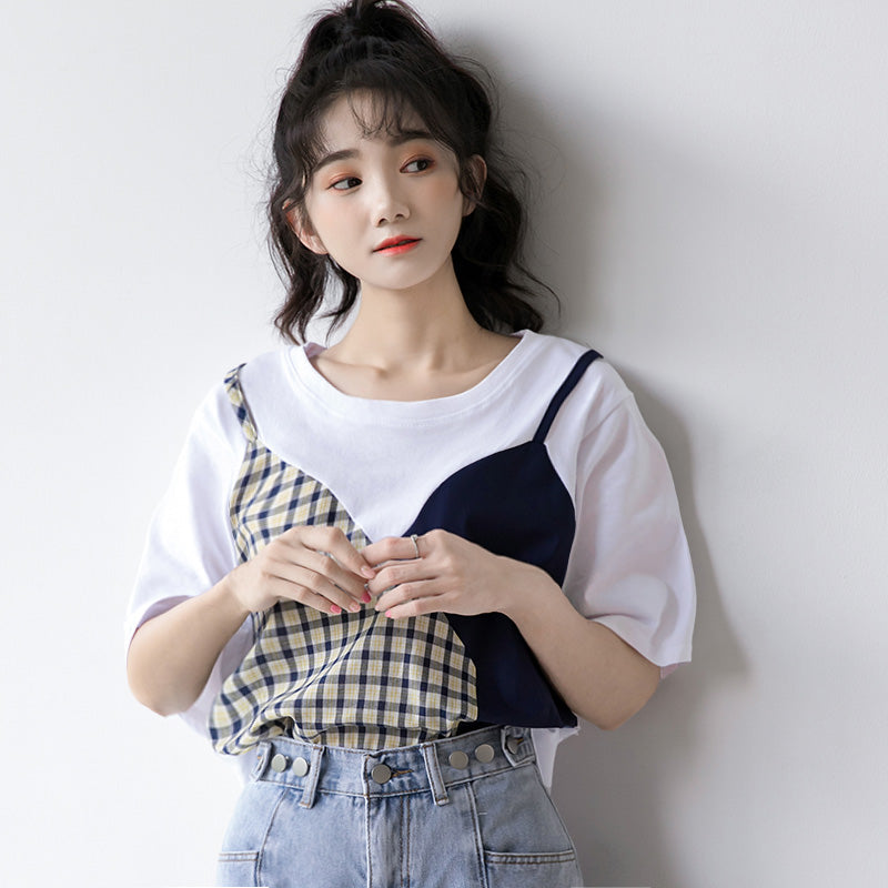 Sweet Plaid Color Block Fake Two Piece T-Shirt modakawa