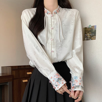 Chic Flower Embroidery Buckle Long Sleeve Shirt modakawa