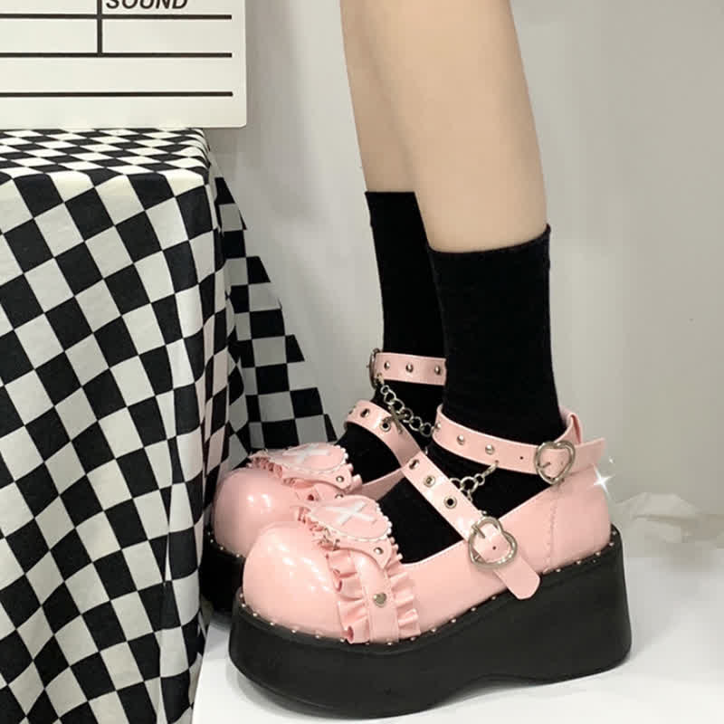 Sweet Punk Cross Love Heart Chain Strap Buckle Platform Shoes modakawa