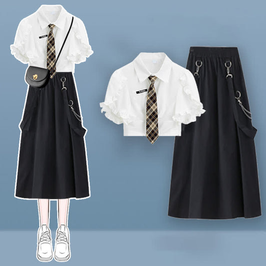 Pocket Lapel Tie T-Shirt Suspender Skirt Set modakawa