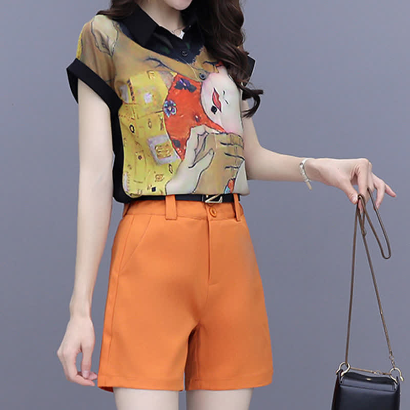 Girl Face Print Chiffon T-Shirt Casual Shorts modakawa