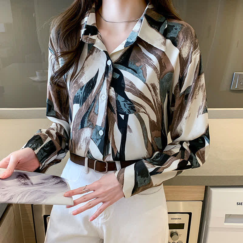 Elegant Colorblock Lapel Long Sleeve Chiffon Shirt modakawa