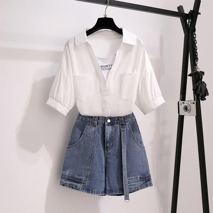 Fake Two Pieces Lapel T-Shirt Pocketed Denim Shorts modakawa