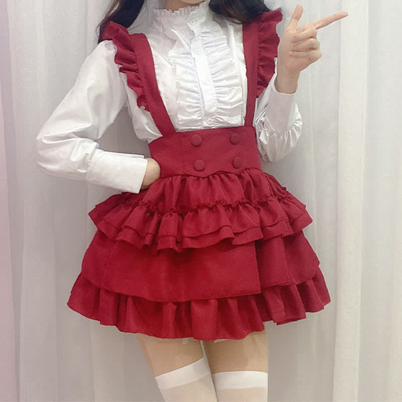 Lolita Red Button Ruffled Shirt Bubble Overalls Skirt Set Modakawa