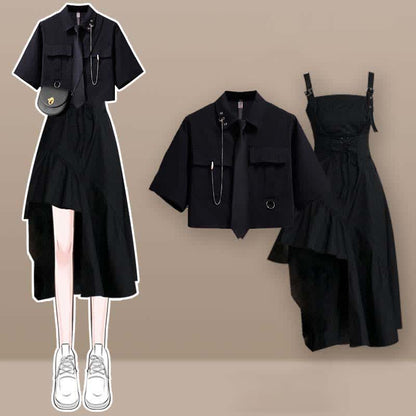 Black Pocket Lapel Tie T-Shirt Irregular Slip Dress Set modakawa