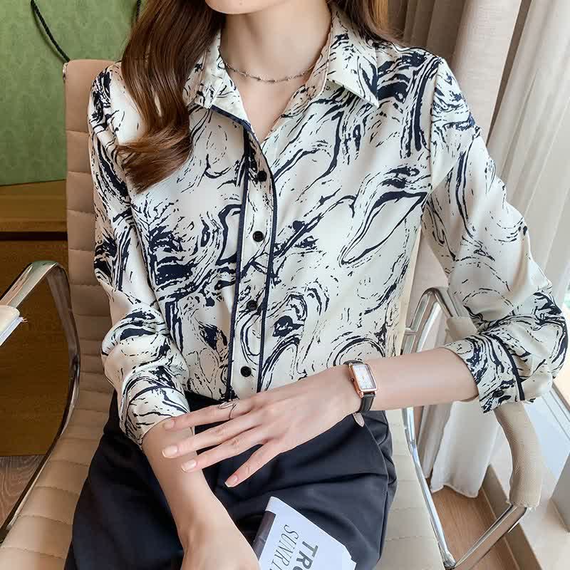 Ink Painting Print Long Sleeve Lapel Shirt modakawa