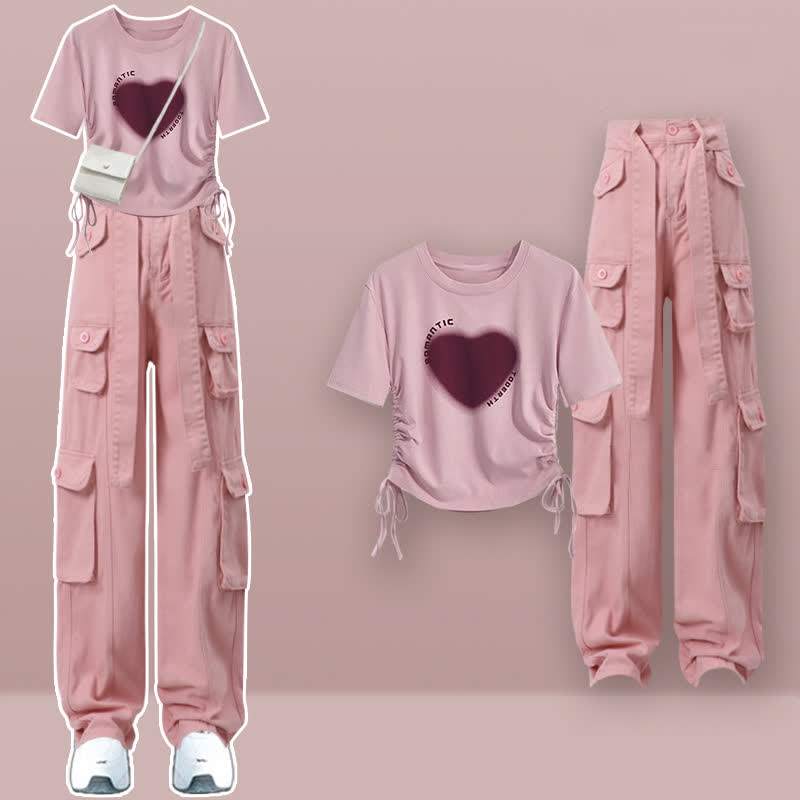 Pink Love Heart Print Crop Top T-Shirt Pink Cargo Pants modakawa