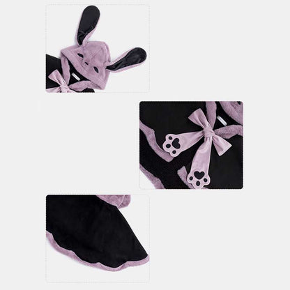 Purple Long Bunny Ears Hooded Bowknot Plush Short Cape modakawa