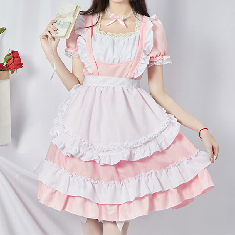 Sweet Cosplay Lace Ruffled Maid Lolita Dress Set Modakawa