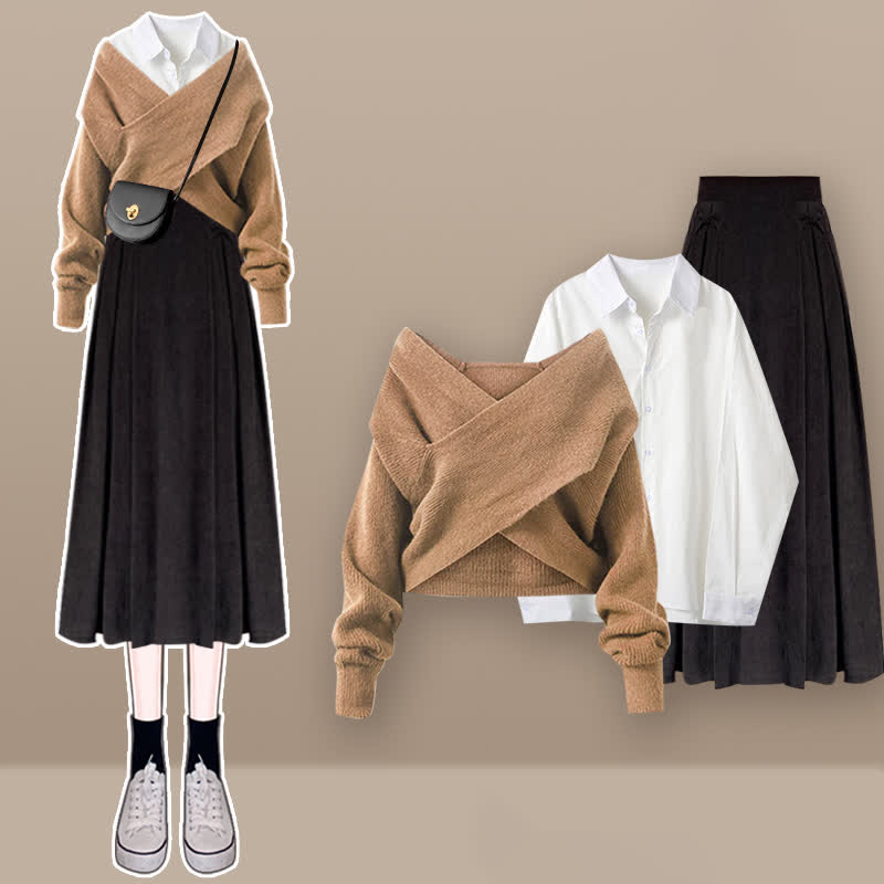 Cross Knit Sweater Lapel Shirt Pleated Skirt Set modakawa