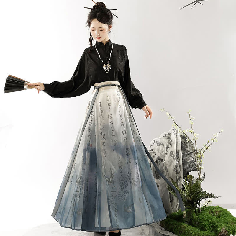 Vintage Long Sleeve Jacquard Shirt Character Print Pleated Skirt modakawa