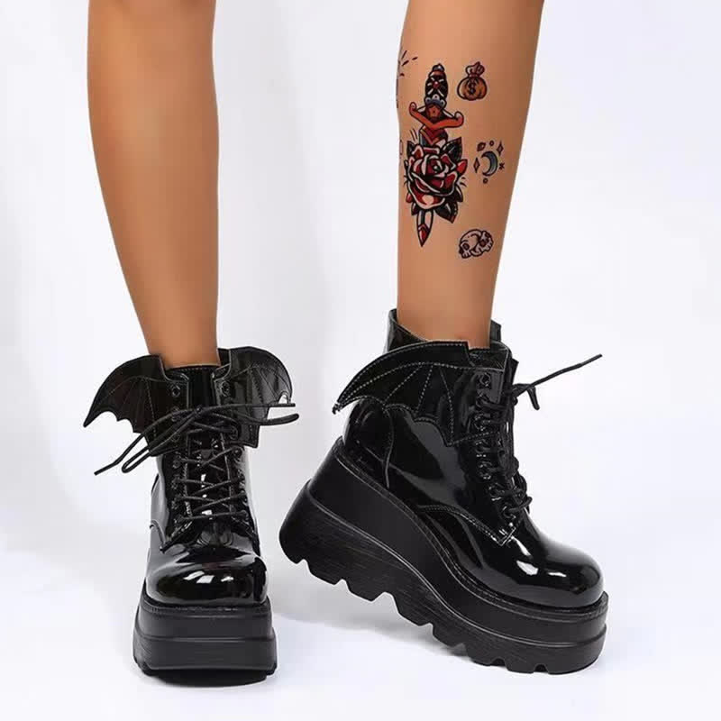 Black Punk Goth Wings Lace Up High Wedge Boots modakawa