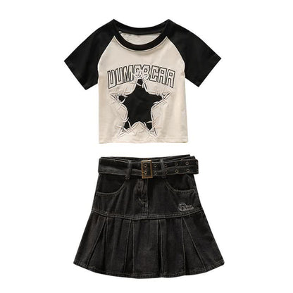 Star Letter Crop Top T-Shirt Belted Denim Skirt modakawa