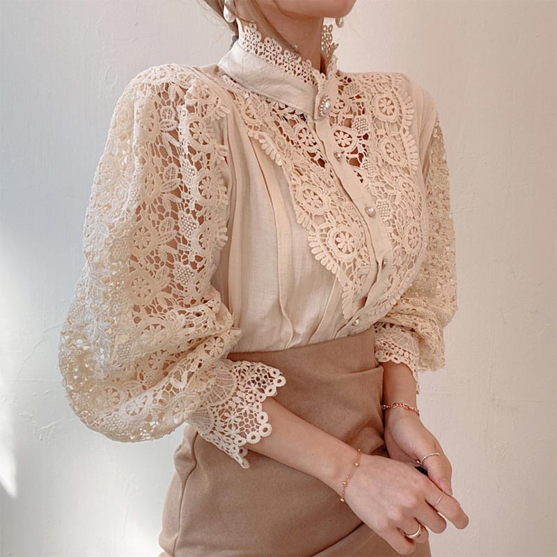 Elegant Pearl Hollow Out Lace Shirt Modakawa