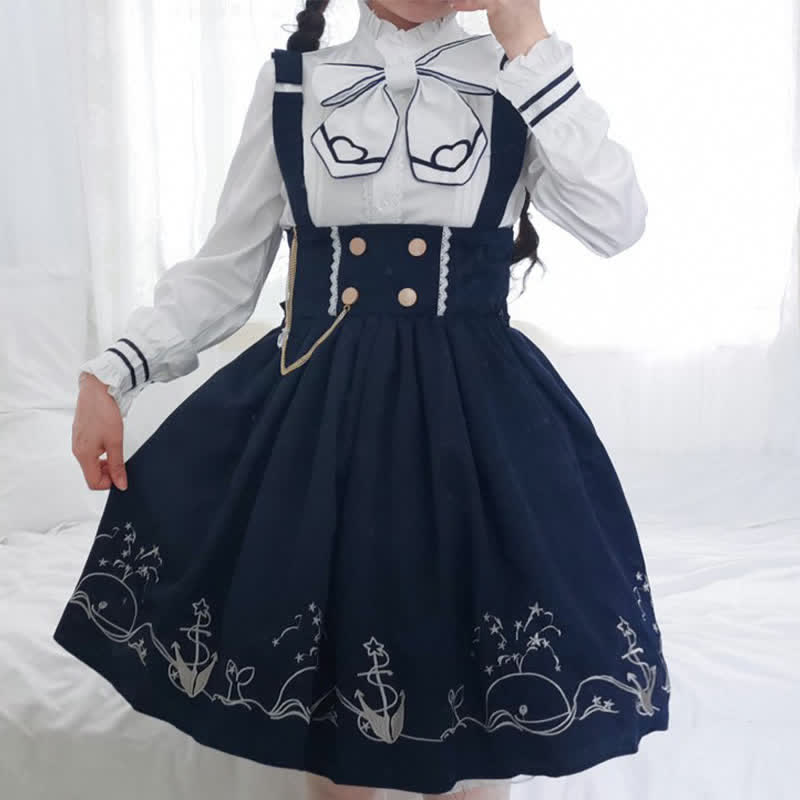 Sailor Collar Shirt Cartoon Dolphin Print Suspender Skirt modakawa