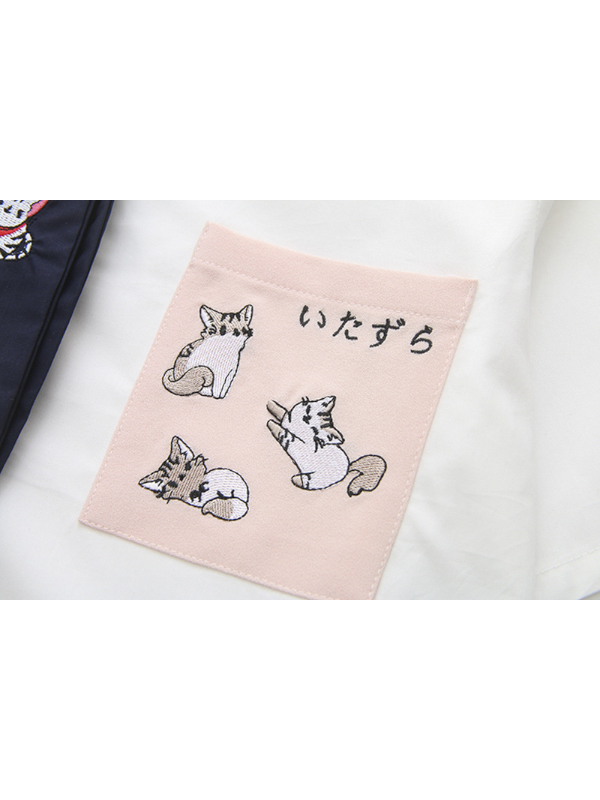 College Style T-Shirt Sweet Pocket Cat Embroidered Tie Modakawa