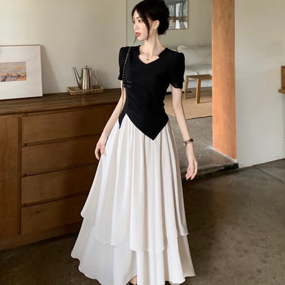 Elegant Buckle Irregular T-Shirt Layered Midi Skirt Set modakawa