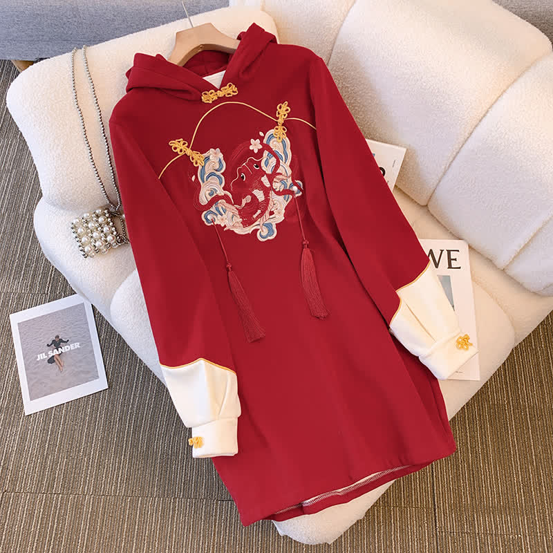 Koi Fish Fringed Buckle Hoodie Sweatshirt Dress Modakawa