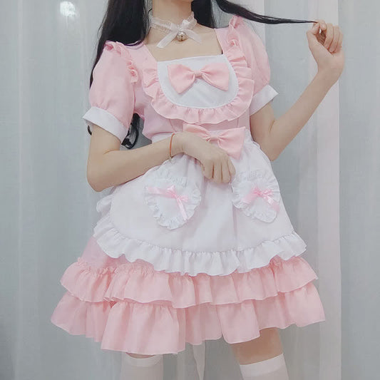 Pink Lolita Love Heart Bow Knot Ruffled Maid Dress Modakawa