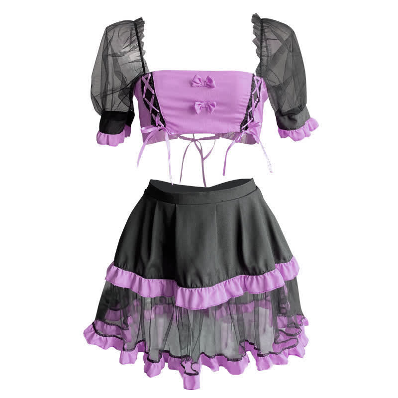 Sexy Pink Maid Tulle Lace Up Lingerie Set modakawa