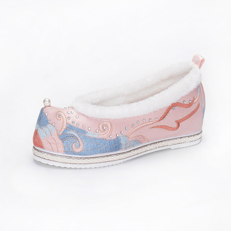 Kawaii Embroidery Wave Pearl Fuzzy Trim Flats Shoes Modakawa