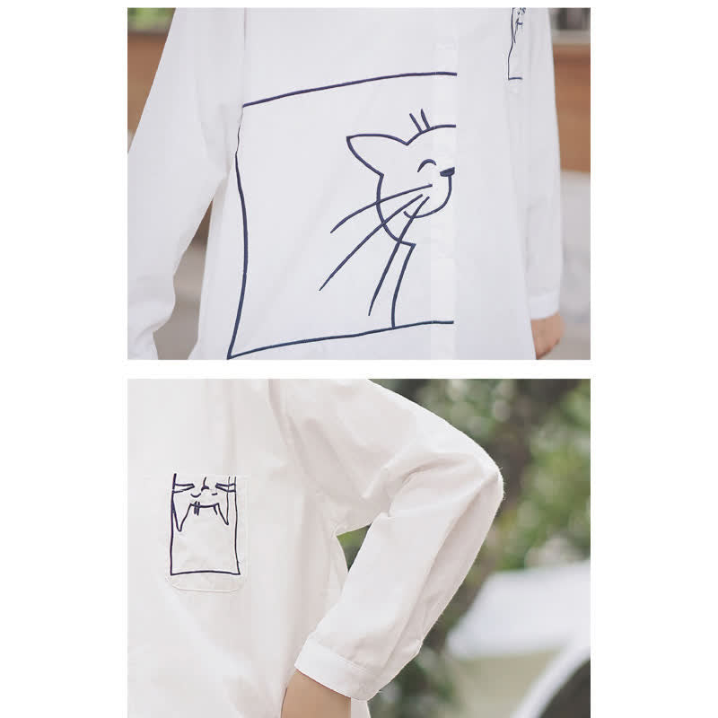 Cartoon Kitty Embroidery Pocket Loose Polo Shirt modakawa