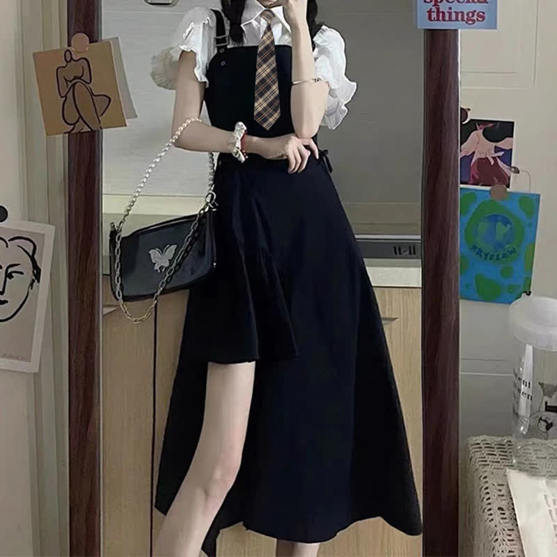 JK Flouncing Sleeve Tie Polo T-Shirt Irregular Lace Up Suspender Dress modakawa