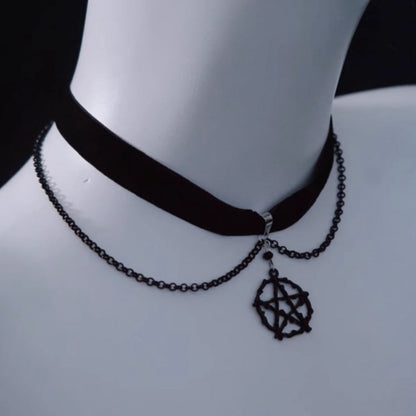 Gothic Pentagram Black Velvet Choker with Chains mySite