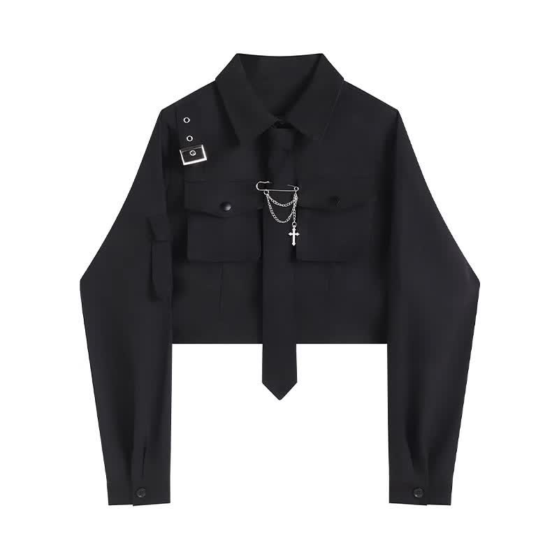 Cool Black Pocket Shirt Pleated Skirt Tie Set Modakawa