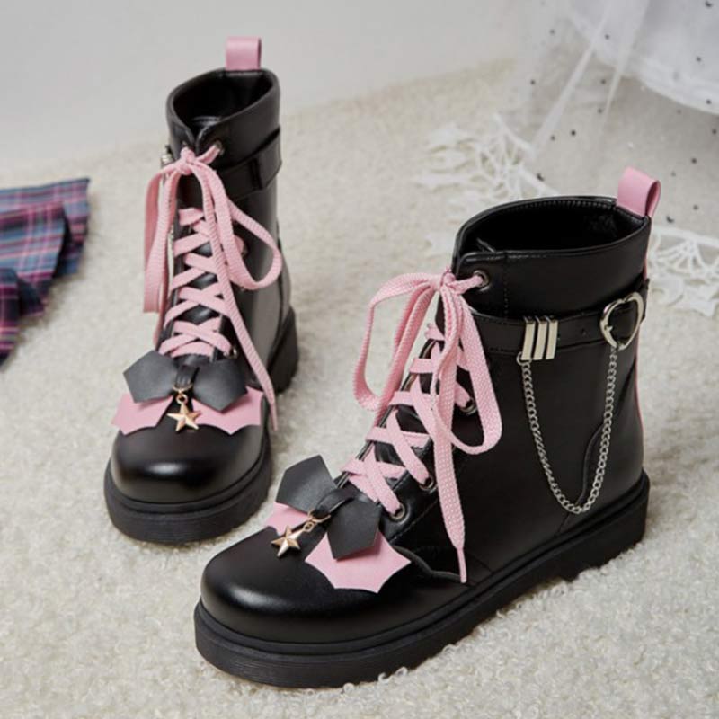 Pink Bow Knot Chain Lace-up Front Boots Modakawa