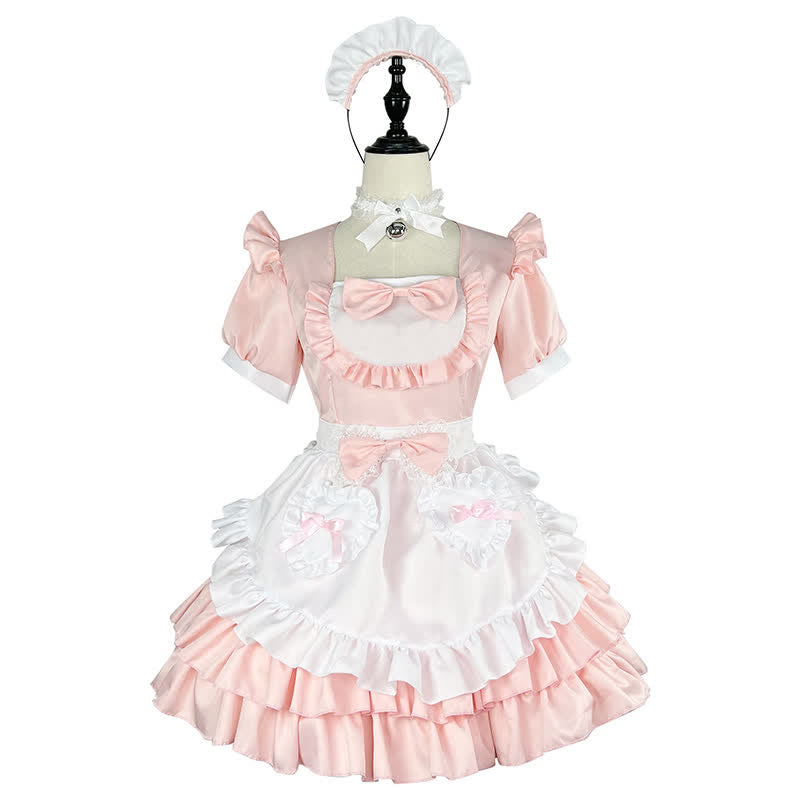 Pink Lolita Love Heart Bow Knot Ruffled Maid Dress Modakawa