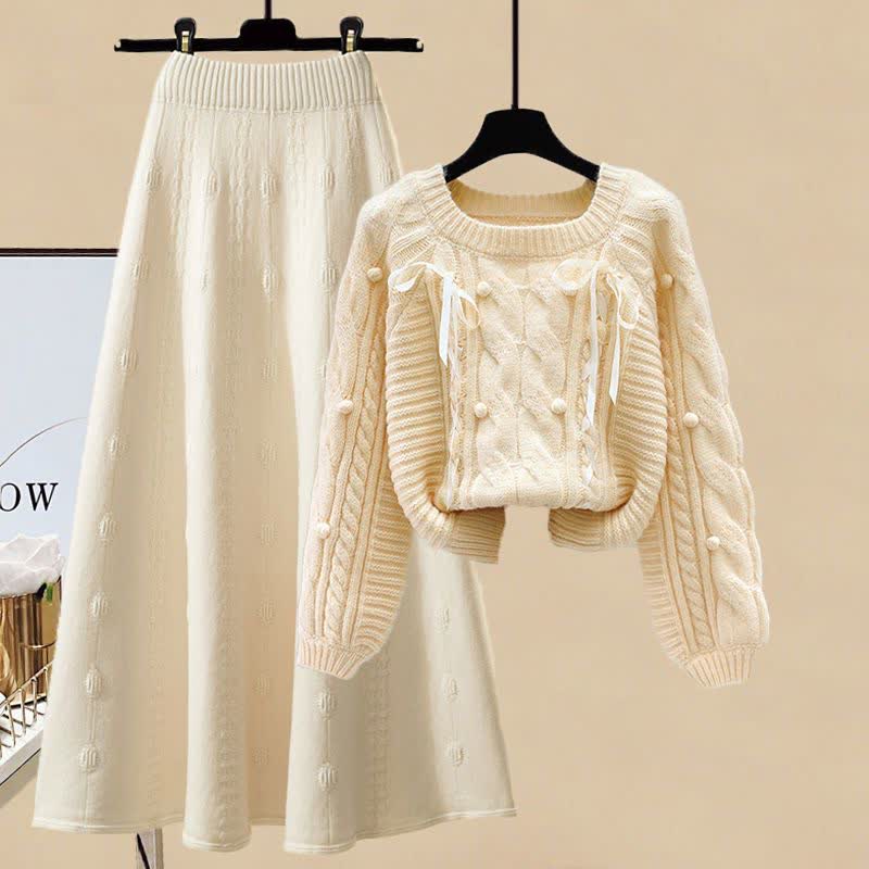 Pills Decor Cable Knit Sweater Skirt Set modakawa