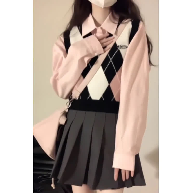 Pink Rhombus Print Vest Long Sleeve Shirt Pleated Skirt modakawa