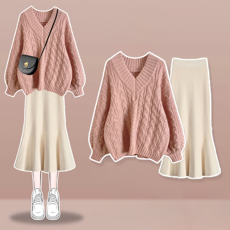 V-neck Cable Sweater Fishtail Skirt Set modakawa