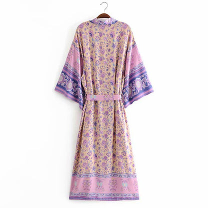 Pink Beach Flower Print Belt Robe Cardigan Outerwear modakawa